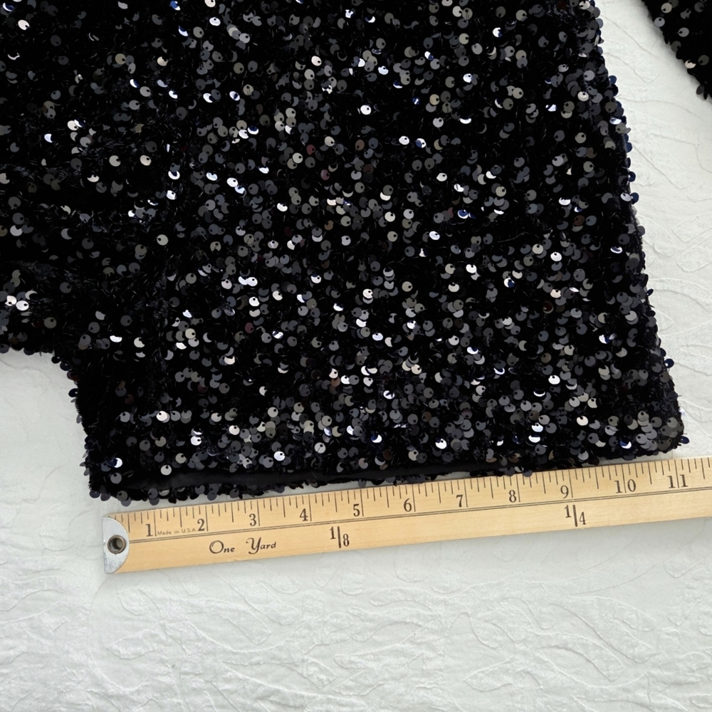Black Sequin Long Sleeve Romper With V-Neckline & Removable Belt, Size Small - Picture 12 of 16